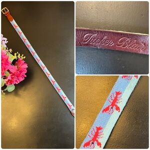 Tucker Blair Men’s Lobster Crawfish Needlepoint Blue Leather Belt Sz 36 USA Made